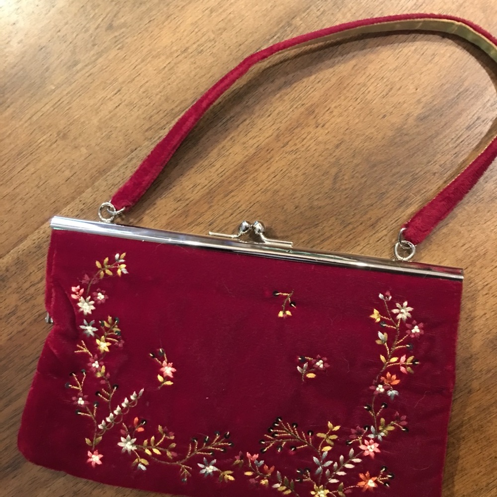 Vintage red velvet embroidered clutch